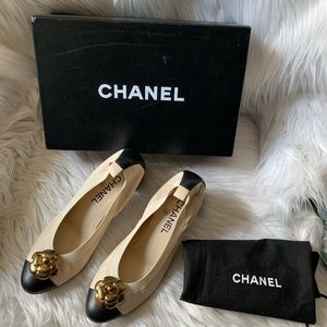 New Chanel Pumps w Antique Gold Tone Camellia Ornament